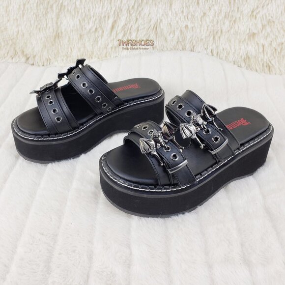 Emily 2" Platform Bat Buckle Slip On Goth Sandals Shoes 100 Restocked - Picture 1 of 9